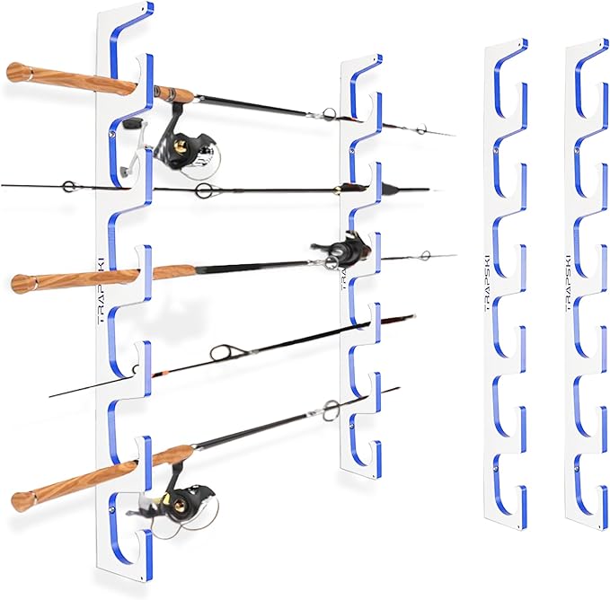 TRAPSKI Made in the USA Premium Fishing Rod/Pole Holder Rack Organizer | Wall or Ceiling Mounted Fishing Rod Rack | Marine Grade HDPE Plastic | Pole Holder for 6 or 12 + Stackable