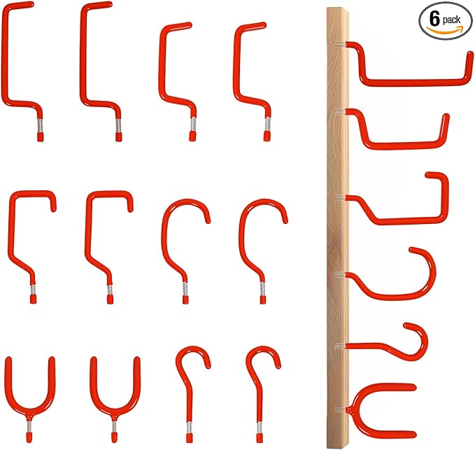 Garage Hooks Heavy Duty, 12-Pack Mixed Utility Garage Hooks, Wall Mounted Steel Tool Hangers for Garage Wall Organizer, Hold Ladders Tools Bikes (Red, 6 Type & 12 Pack)