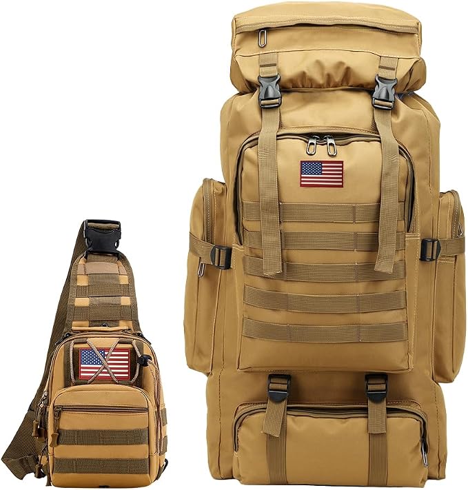 JUMAHE 80L 2Pcs Hiking Backpack for Men with Sling Tactical Backpack - Rucksack Molle Military Tactical Waterproof Lightweight Camping Backpack 3 Day Assault Pack for Travel, Climbing, Backpacking