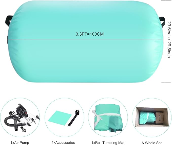 Air Roller Gymnastics Mat 60 75 cm Inflatable Air Barrel 3.3FT Gymnastics Tumbling Mat With Pump for Hand Spring Rear Training/Home Use/Fitness/Yoga
