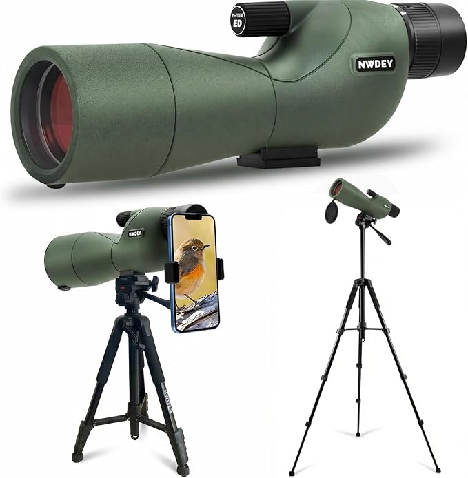 NWDEY 25-75X60 Spotting Scope with Upgraded 60in Tripod, BAK4 Prism & FMC 60mm Lens, Spotting Scope for Target Shooting, Bird Watching, Hunting & Outdoor Observation, Phone Adapter, Carry Bag