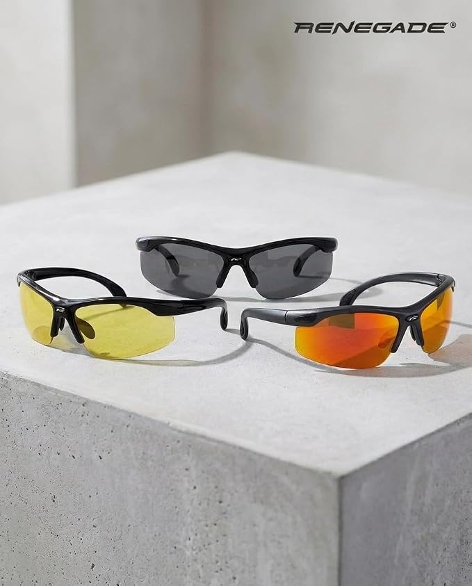 Renegade Polarized Sport Sunglasses, 3-Pair Set, UV400 Protection, Wrap Around Rimless, for Cycling, Fishing, Driving