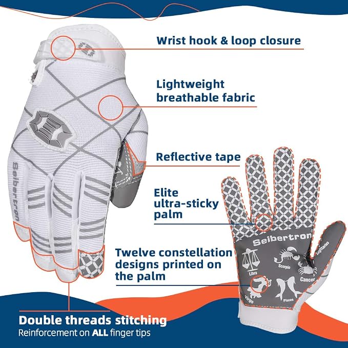 Seibertron Pro 3.0 Twelve Constellations Elite Ultra-Stick Football Receiver Gloves | Super Sticky Grip for Youth Kids Boys 8-12 Girls & Adult Men & Women, Perfect Sports Gift
