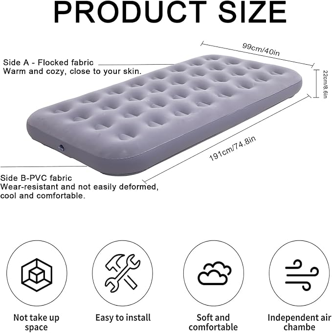 Onirii Twin Size Single Camping Air Mattress Bed with Air Pump | 75"x 39"Thickened Portable Inflatable Mattress Blow Up Air Mattress,Travel Sleeping Bed Pad for Camping Home Hiking(Gray)