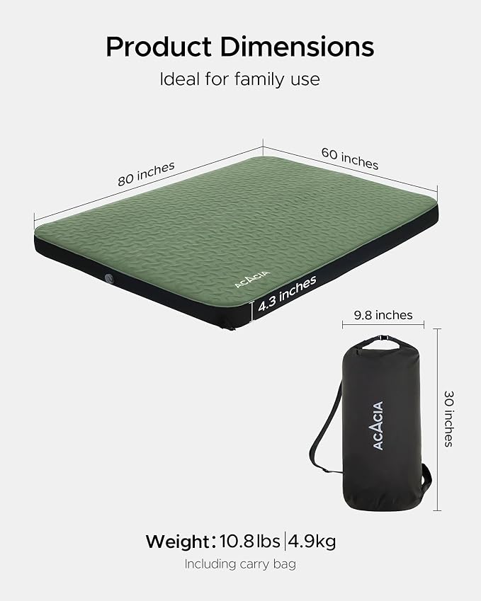 Acacia 4" Thick Self Inflating Sleeping Pad with Foam, Innovative Y-Shaped Telescopic Structure, Ultraportable Camping Air Mattress with Pump Sack, Easy Roll Up Sleep Bed for Travel Tent Car