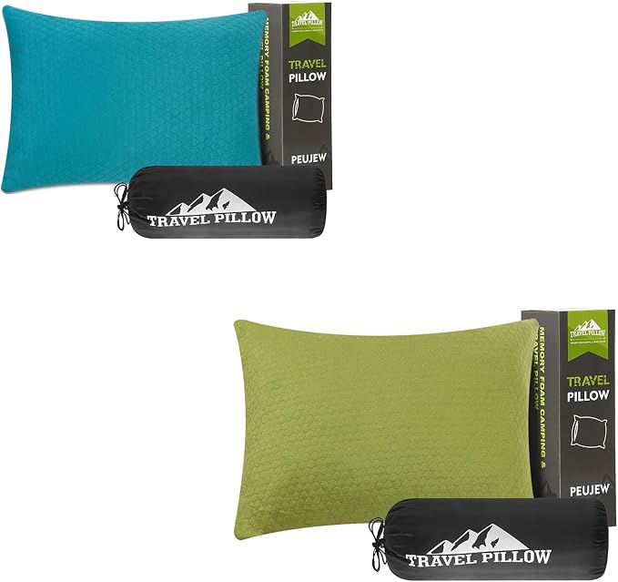 Travel Pillow Compressible Camping Memory Foam Pillow - Avocado Green M Size, Turquoise Blue S Size, Ideal Backpacking, Airplane and Car