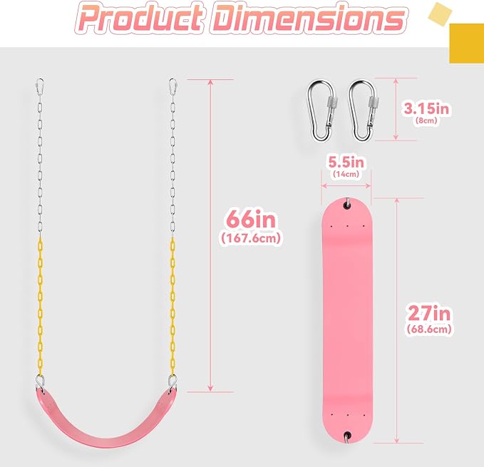 SEKKVY 2 Pack Swing Seats with 66" Heavy Duty Chains, Swing Set Accessories Replacement with Snap Hooks, Toddler Swings Supports 250 lbs for Outdoor Backyard Playground, Indoor Swing for Kids, Pink
