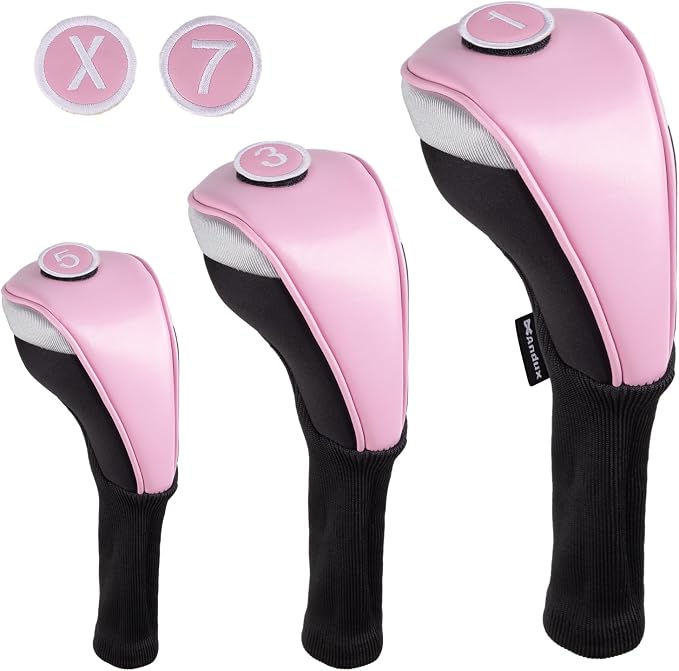 Andux 3pcs/Set PU Golf Wood Club Head Covers with Long Neck | for 460cc Driver Fairway Wood Club with Hook & Loop No. Tags Coloured Piping Pull-On Closure