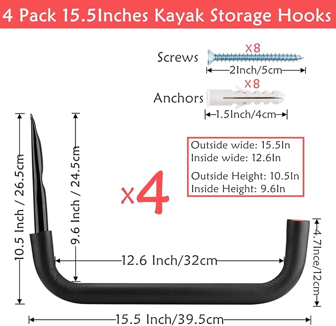 Garage Storage Kayak Hooks, 15.5 Inch Heavy Duty Storage Hanger, Wall Mounted Rack for Hanging Canoe Paddleboard, Surfboard, Snowboard, Ladders, Bikes, 15.5Inches x 10.8Inches