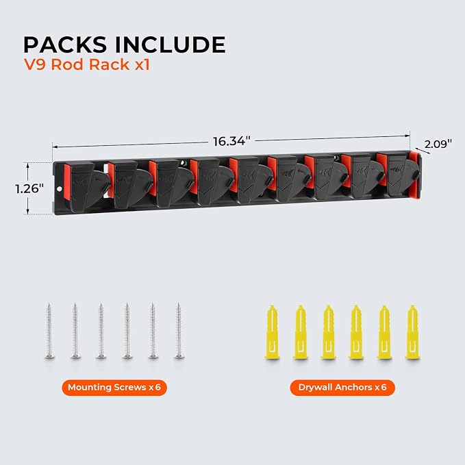KastKing GravityLock V9 Vertical Fishing Rod Holder, Wall Mounted Fishing Rod Rack, Holds up to 9 Fishing Rods or Combos, Heavy-Duty Grip, One size Fits Most, Fishing Rod Holders for Garage