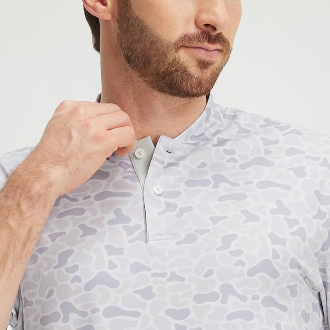 M MAELREG Golf Shirts for Men Collarless Performance Dry Fit Stretch Henley Casual Printed Mens Polo Shirts Short Sleeve