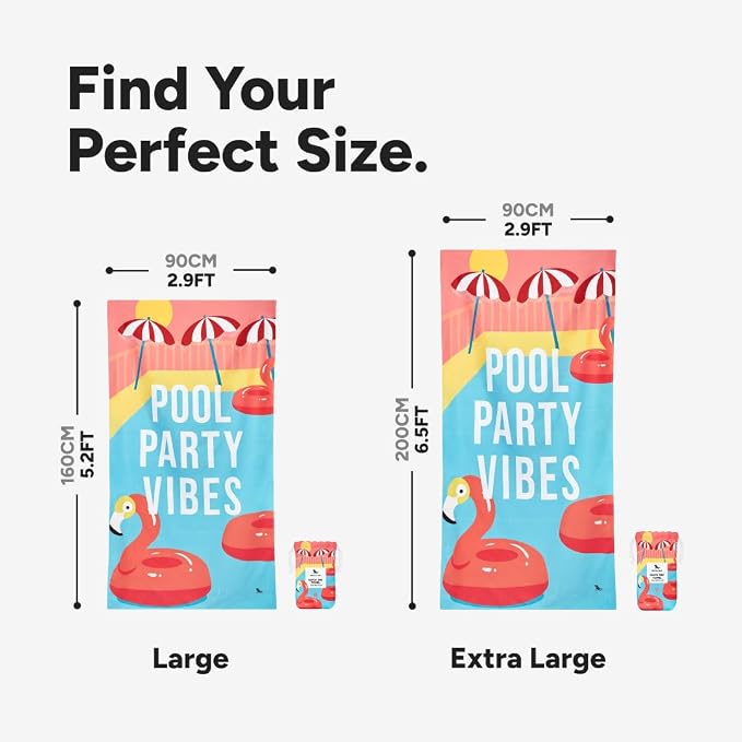 Dock & Bay Beach Towel - Quick Dry, Sand Free - Compact, Lightweight - 100% Recycled - Includes Bag - Pool Party Vibes - Large (160x90cm, 63x35)