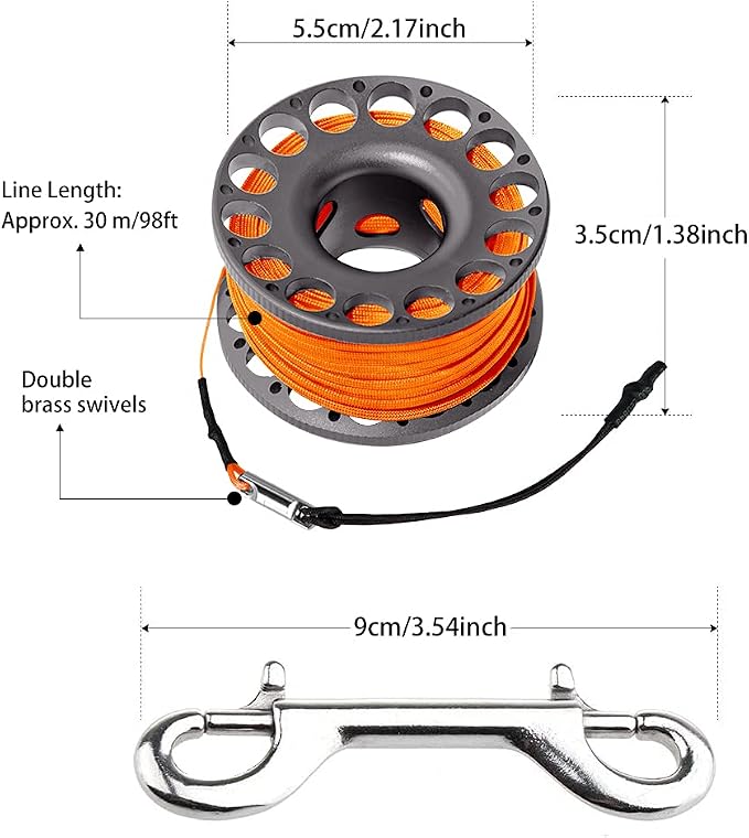 5ft Red Scuba Diving Open Bottom Surface Marker Buoy (SMB) with 98ft Finger Spool Alloy Dive Reel and Double Ended Bolt Clip - Gray