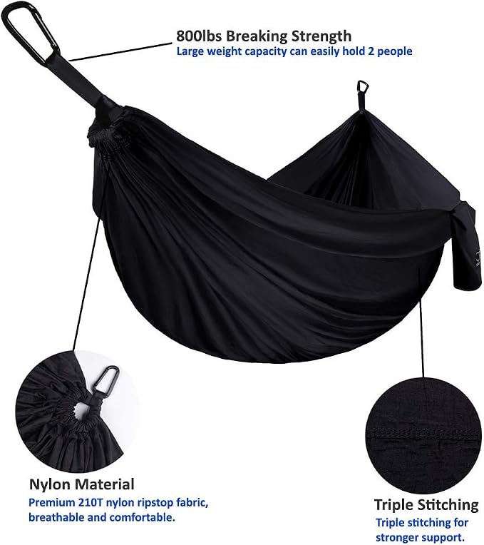 Gold Armour Camping Hammock - XL Double Hammock Portable Hammock Camping Accessories Gear for Outdoor Indoor with Tree Straps, USA Based Brand (Midnight Black)