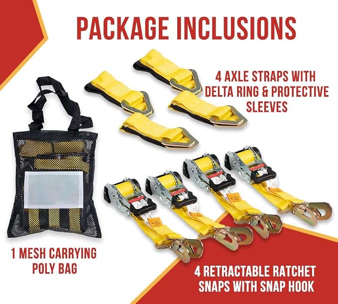 Mytee Products 4Pack 1''x12' Retractable Ratchet Straps Kit w/Snap Hook, Axle Straps w/Delta Ring, Protective Sleeve, Storage Bag - Self Ratcheting Tie Down Strap w/500 lbs WLL for Boat, Jet Ski, ATV