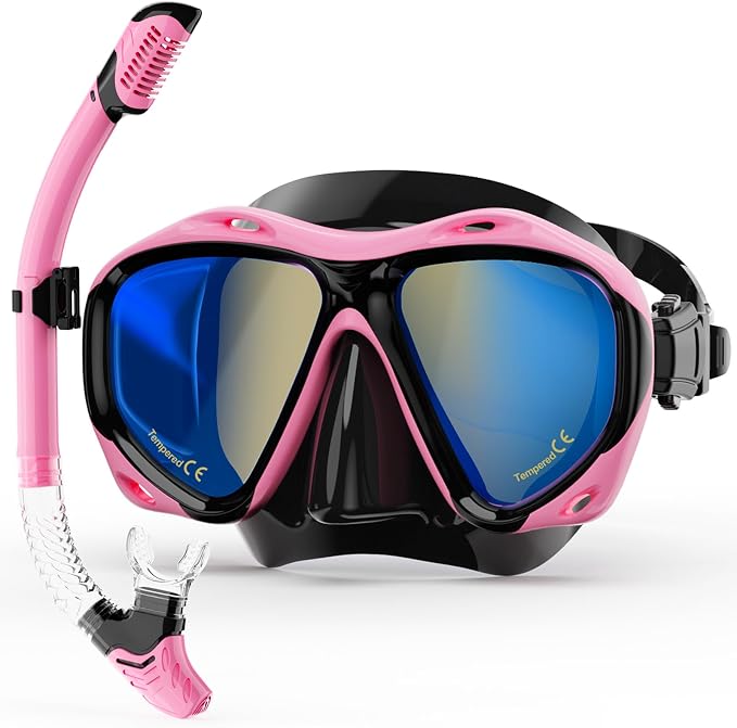 Snorkeling Gear for Adults, Snorkel Mask With Mirrored Tempered Glass Lens 180° Wide View Anti-Fog Scuba Diving Mask, Professional Snorkel Set for Swimming Diving, Gifts for Women Mom Men Dad