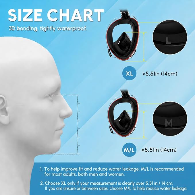 Yosmer Electric Full Face Snorkel Mask for Adults, Fan-Assisted Snorkeling Mask with Dry Top System, 180° Panoramic View, Anti-Fog Design, Foldable Travel Snorkel Gear