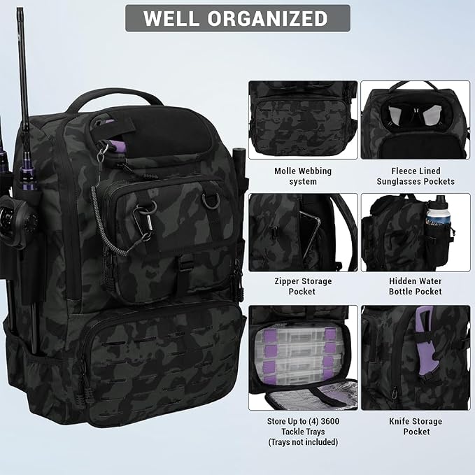 Fishing Backpack with Rod Holders,40L Large Water-resistant Fishing Tackle Bag with Cooler,Tackle Box Backpack