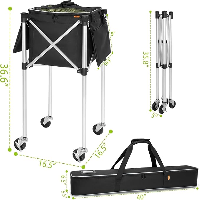 Foldable Tennis Ball Cart Holds 180 Balls Wheeled Tennis Ball Hopper Sports Teaching Carts with Storage Bag, Light Auminum Alloy