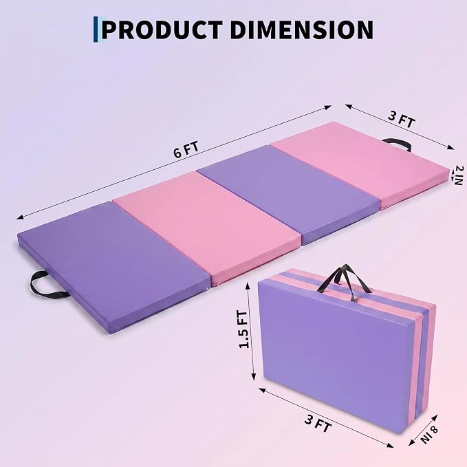Gymnastics Mat, 6x2/3Ft 2-Inch Thick 4-Fold Exercise Floor Mat for Home Gym, Portable Yoga Mat for Pilates, Aerobics, Martial Arts & Training