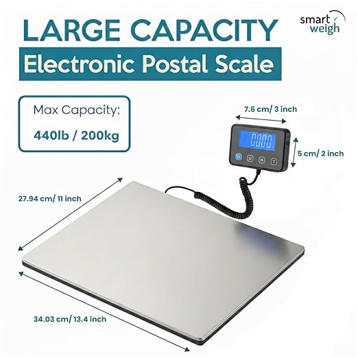 Smart Weigh Digital Postal Shipping Scale, Heavy Duty Wide Platform, 440 lb Capacity, 2 oz Readability, Hold & Tare Function, Includes Batteries & USB-C