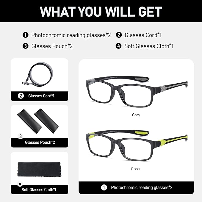 Sport Photochromic Reading Glasses Blue Light Computer Reader Designer Wide Cheater Large Head Tinted Eyeglass PT2040