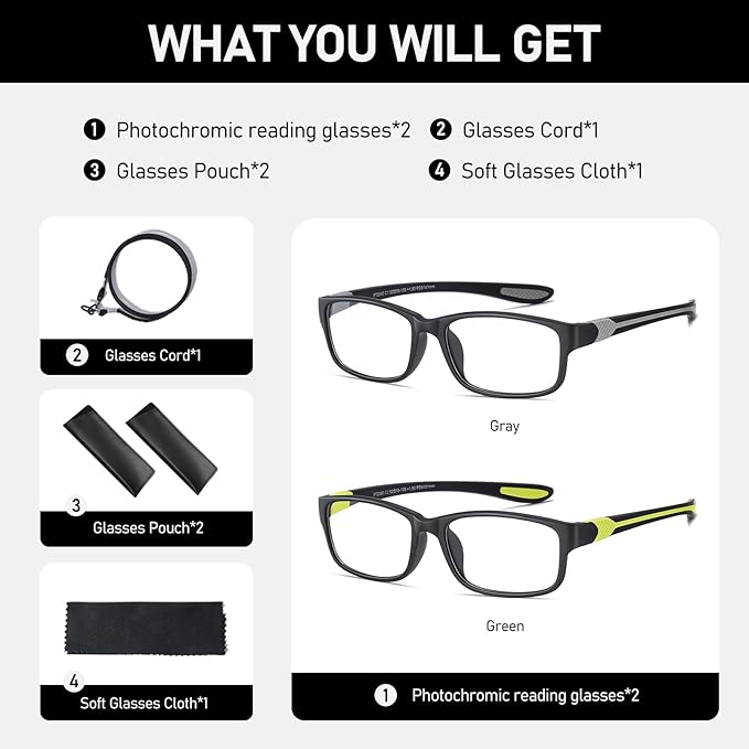 Sport Photochromic Reading Glasses Blue Light Computer Reader Designer Wide Cheater Large Head Tinted Eyeglass PT2040