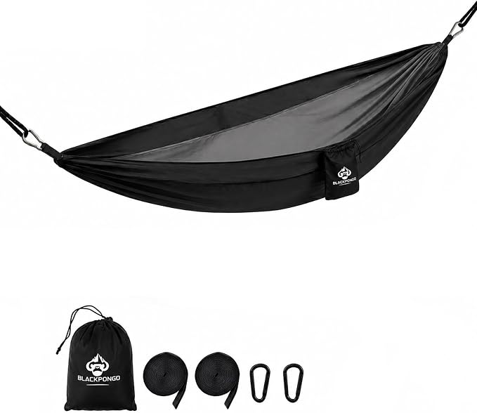 Camping Hammock – 500lbs Portable Hammock with Tree Straps - Travel, Backpacking, Hiking, Outdoors Camping Gear (Black)