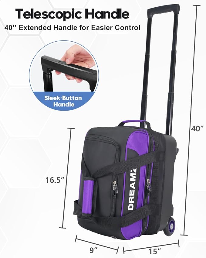 Single Bowling Ball Bag with Wheels, Deluxe Rolling Bowling Bags 1 Ball and Shoes Pocket w/Molded BallCup, Bonus Storage Bag, 40" Retractable Handle - Large 1 Ball Bowling Bags with Wheels