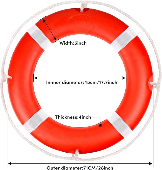 Life Ring for Boating Safety - 23" and 28" Boat Safety Throw Rings with Reflective Strip and Grab Lines
