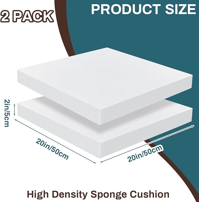 Frienda 2 Pack 2" x 20" x 20"Upholstery High Density Foam Cushion Replacement Square Cut to Size Foam Couch for Chair Couches Padding Shipping Packing DIY Cosplay Projects(White)
