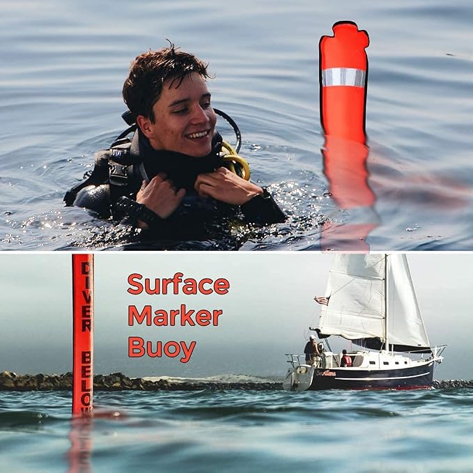 5ft Red Scuba Diving Open Bottom Surface Marker Buoy (SMB) with 98ft Finger Spool Alloy Dive Reel and Double Ended Bolt Clip - Gray