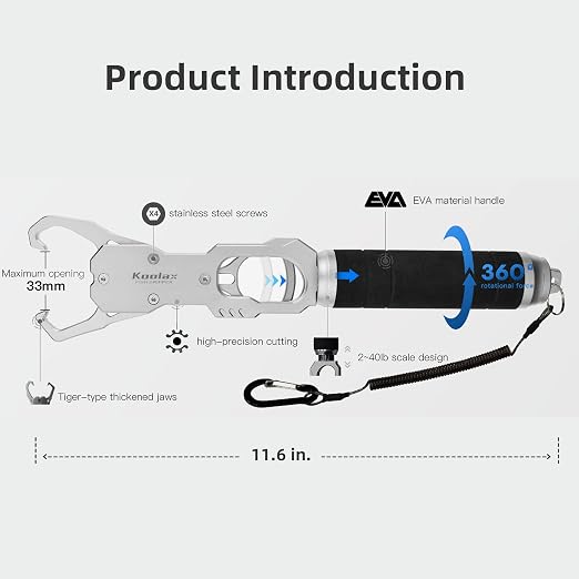 11.6" Fish Lip Gripper, Aluminum Alloy Fish Grabber with 40lb Scale, 360° Swivel Handle, Corrosion-Resistant for Saltwater & Freshwater (Silver)