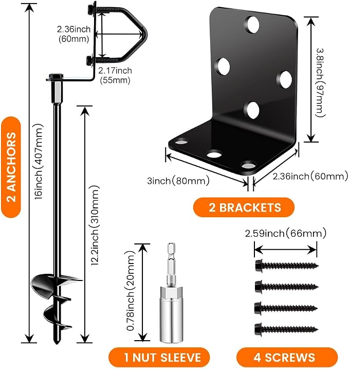 Ground Anchors Shed Anchors 14" Set of 2 Trampoline Stakes Screw in Heavy Duty Mobile Home - Storage Shed Anchor Kit - Playset Swing Anchors - Stakes for Fence,Carport,Garden (Black, 2 x 14in)