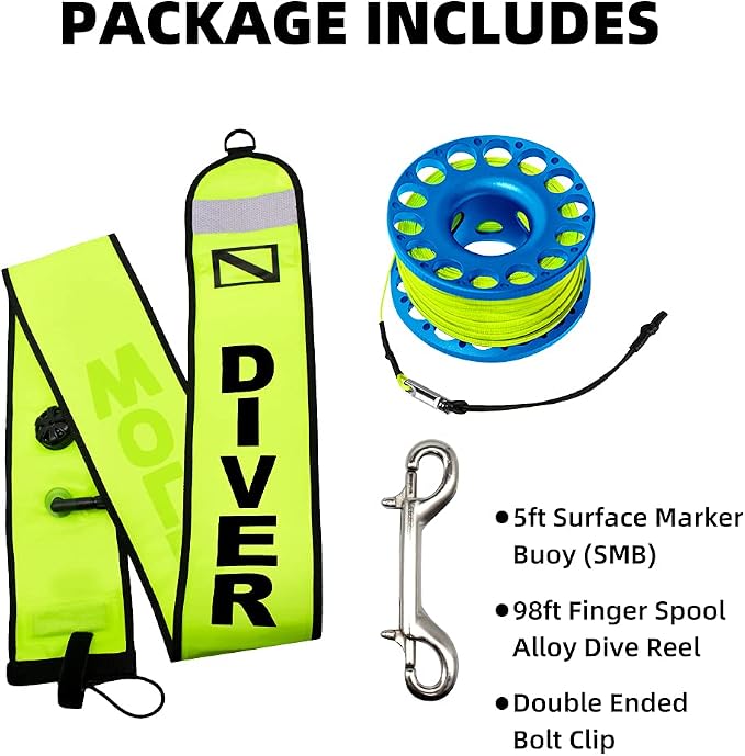 5ft Yellow Scuba Diving Open Bottom Surface Marker Buoy (SMB) with 98ft Finger Spool Alloy Dive Reel and Double Ended Bolt Clip Blue