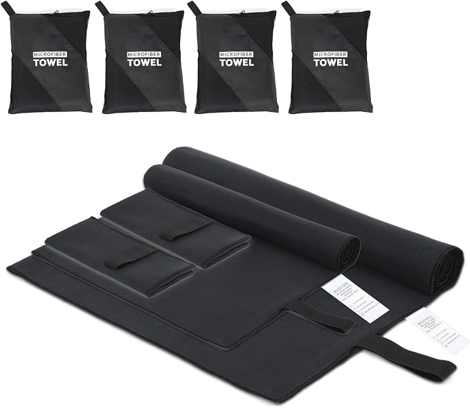 4 Pack Quick Dry Microfiber Towels for Body S L XL Camping Towel Fast Drying Compact for Sea Beach Swimming Yoga Hiking Pack Travel Bathroom Towel(Black)