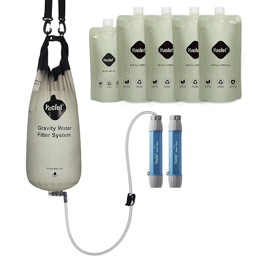 Gravity Water Filter System for Hiking, Camping, Travel, and Emergency Preparedness Include 1 Gravity Bag, 2 Water Filter Straw, 1P 20-Oz Water Pouch, 4P 34-Oz Water Pouches