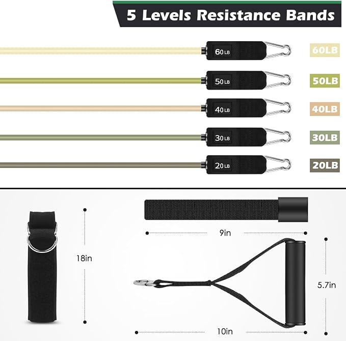WHATAFIT Resistance Bands, Exercise Bands, Workout Bands with Handles, Door Anchor and Ankle Straps, 5 Resistance Levels Fitness Bands for Strength Training, Physical Therapy, and Home Gym Equipment