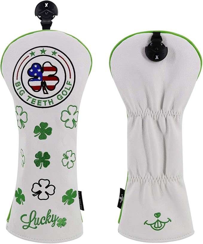 Big Teeth Golf Cover Lucky Clover Headcover Covers, Driver Fairway Wood Hybrid Headcovers Fits Blade Mallet Putter Iron and Woods with Magnetic White Shamrock Head Club Protector Leather