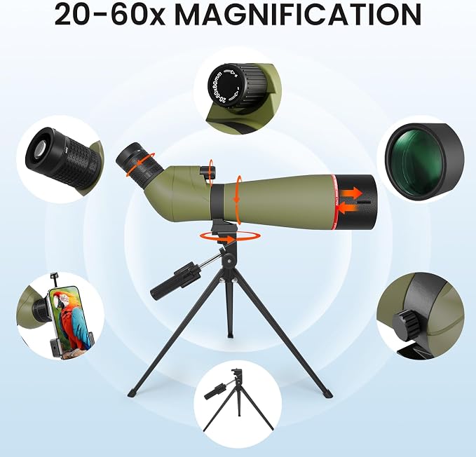 20-60x80 Spotting Scopes for Bird Watching, BAK4 Waterproof Spotting Scope for Target Shooting Wildlife Viewing Hiking Camping, HD Spotter Scope with Tripod Smartphone Holder and Carrying Bag