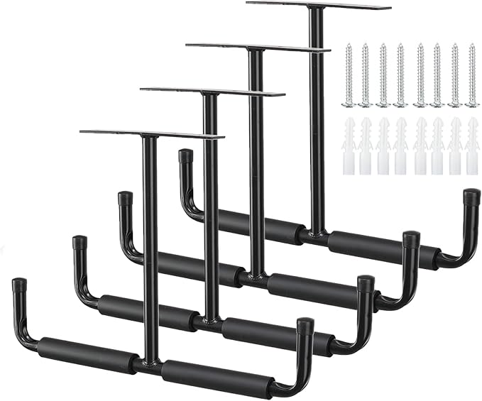 HOME RIGHT Overhead Garage Storage Hooks, Heavy Duty Double Ceiling Rack, 16.5’’ Utility Shed Hangers, Great for Pipe, Lumber, Ladder, Fishing Rod and Ski Board(4Pcs, Black)