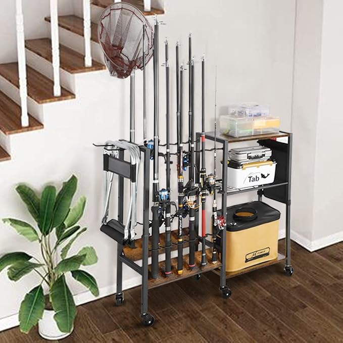 Olakee Fishing Rod Holders, Rolling Fishing Rod Rack for Garage & Boat, Tackle Box & Reel Holder Cart, Easy Assembly Fishing Gear Management System, Ideal Birthday Gift for Men Dad Anglers