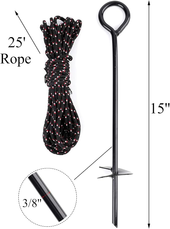Yesland 8 Pack 15 Inch Black Ground Anchor, Reusable Heavy Duty Steel Wind Stakes, 3/8 Inch Thick in Diameter with 25 Feet of Rope