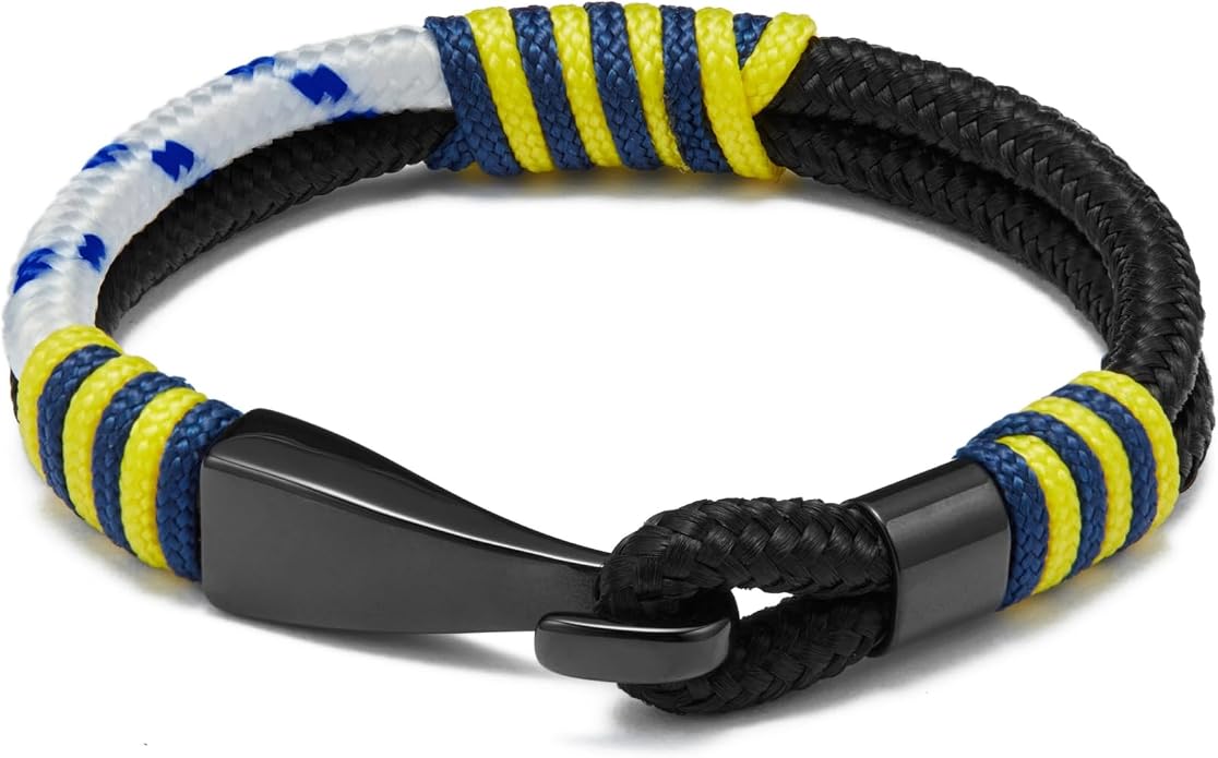 Men's Nautical Anchor Cuff Bracelet, Handmade Black & Blue Stainless Steel Rope Wristband with Lobster Claw Clasp