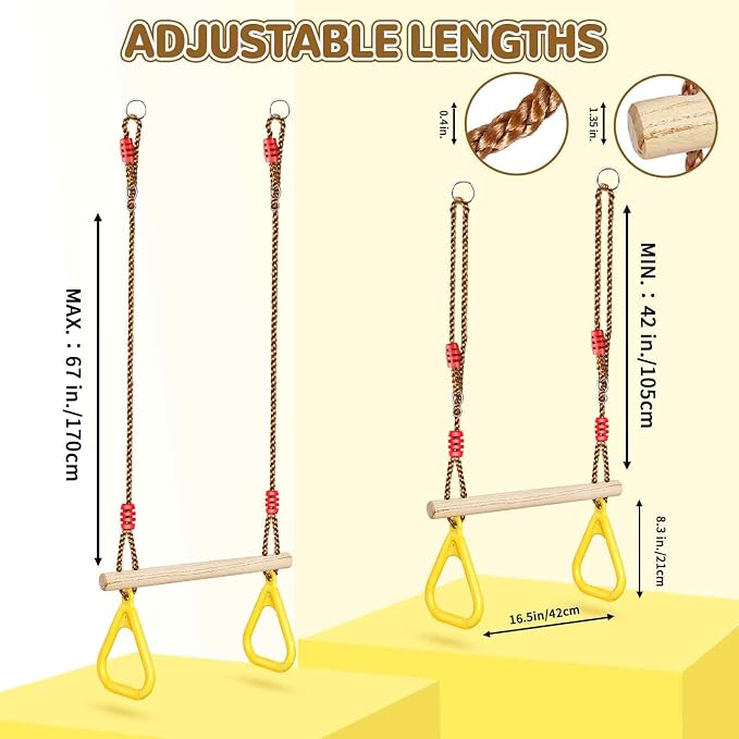 LadyRosian Wooden Trapeze Swing Bar, Adjustable Height Swing Set, Gym Rings, Playground Attachments, 16.5" Monkey Bar for Backyard, Playground, Playroom