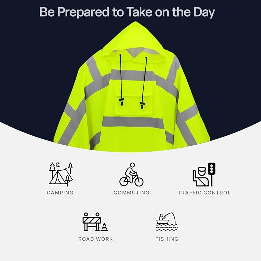 GGS Rain Poncho - High Visibility, Reflective, Wind and Waterproof with Drawstring Hood, Rain Gear for Construction, Camping, Fishing, Hiking, One Size