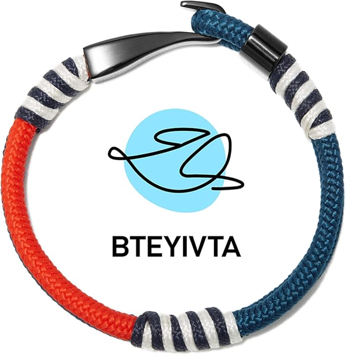 Men's Nautical Anchor Cuff Bracelet, Handmade Black & Blue Stainless Steel Rope Wristband with Lobster Claw Clasp