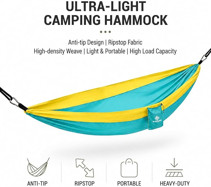 Camping Hammock – 500lbs Portable Hammock with Tree Straps - Travel, Backpacking, Hiking, Outdoors Camping Gear (Black)