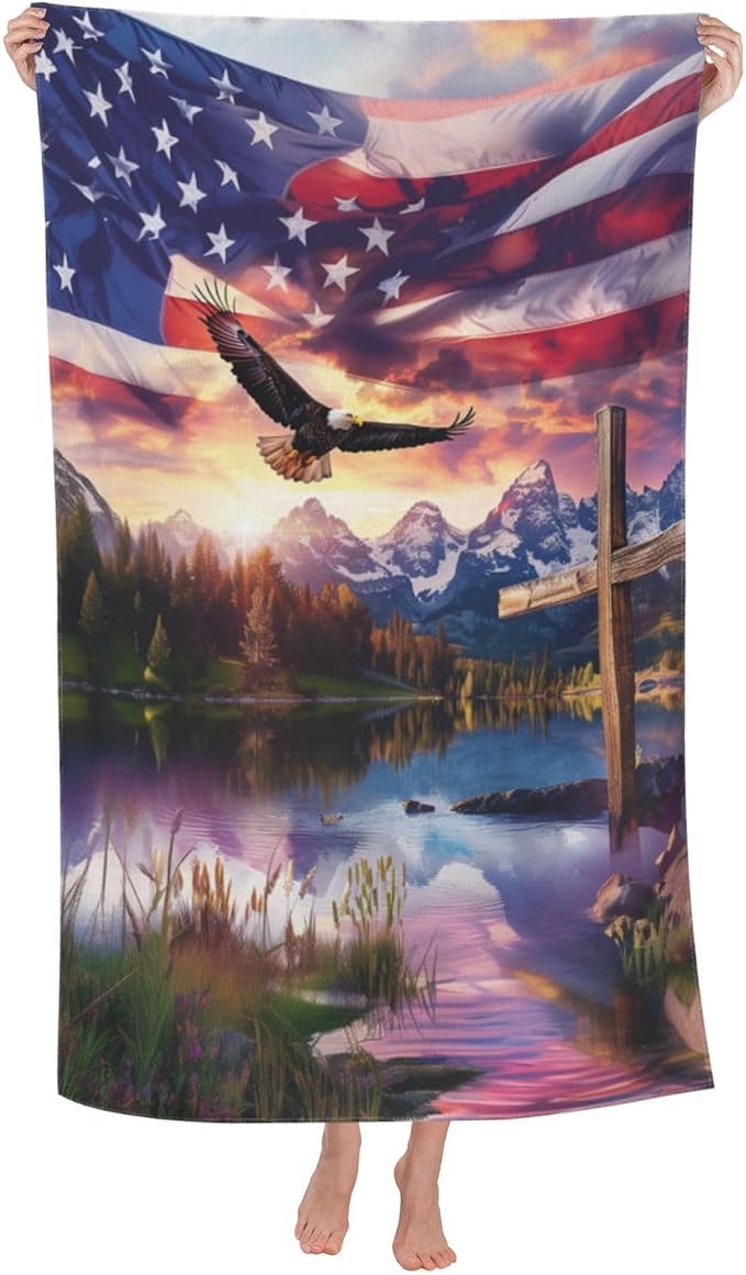 Cool Eagle Beach Towel, 32x52in Microfiber Quick Dry Patriotic American Flag Cross Mountain Bath Towels, Soft Lightweight Oversized Sand Free, for Travel Pool Swimming Gym Decor, Gifts