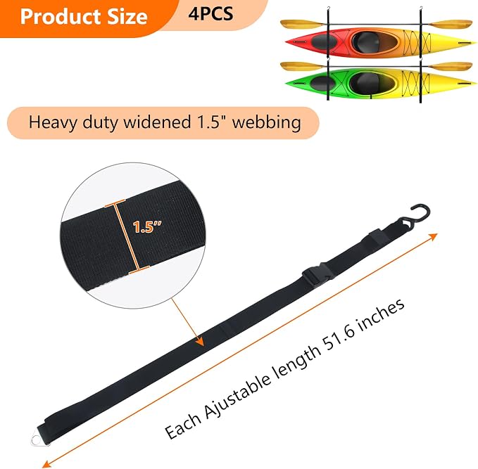 Kayak Storage Strap,Kayak Hanging Straps 1in/1.5in Wide,Adjustable Kayak Wall Mount Straps,Kayak Storage Strap System With Paddle Loops for Hanging 1or 2 Kayak,Paddle Board,Surfboard,Canoe(2/4 Pack)